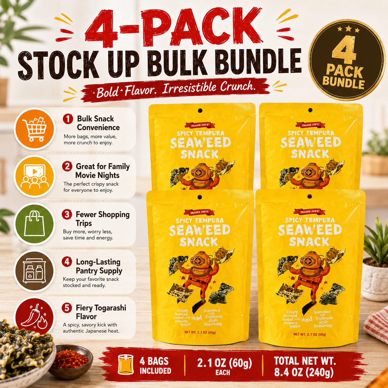 4 Pack Trader Joe’s Spicy Tempura Seaweed Snack 2.1 oz