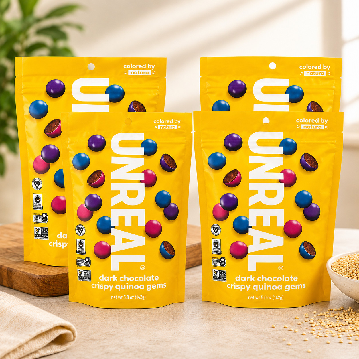 UNREAL Dark Chocolate Crispy Quinoa Gems Candy Pack of 4 Gluten Free Non GMO 5oz