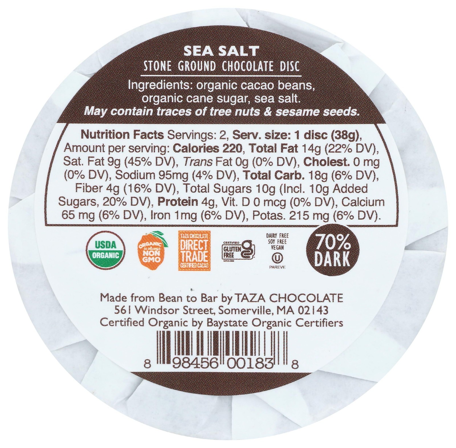 6x Taza Chocolates Organic Sea Salt Chocolate Mexican-Style Disc, 2.7 Oz