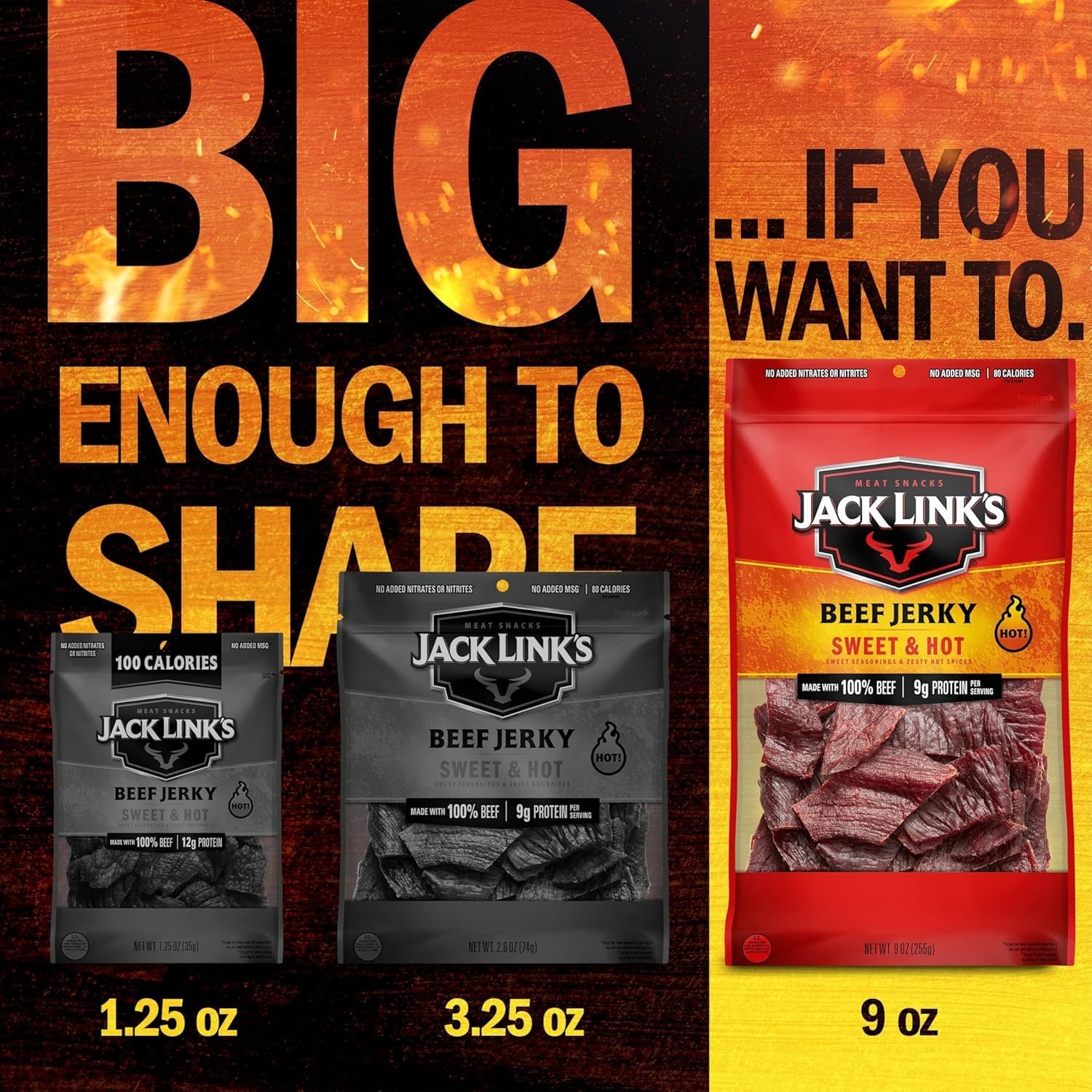 Jack Link’s Sweet & Hot Beef Jerky Multipack 2 Pack 9 oz Large Bags Ready t…