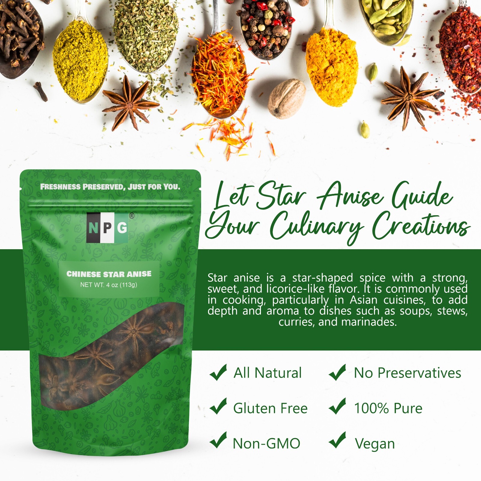 Star Anise Whole 4 oz, 100% Natural Chinese Anise Star Pods Sun Dried Spice