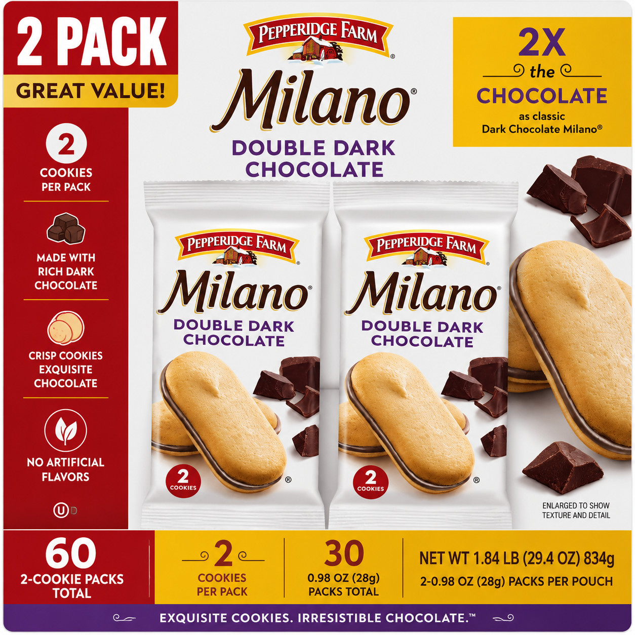 2-Pack Milano Cookies, Double Dark Chocolate, 0.98 oz, 30-count