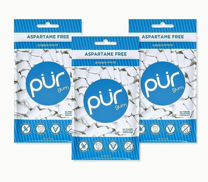 PUR Xylitol Chewing Gum PEPPERMINT (55 Pieces, 3 Pack) Sugarless Vegan Pure