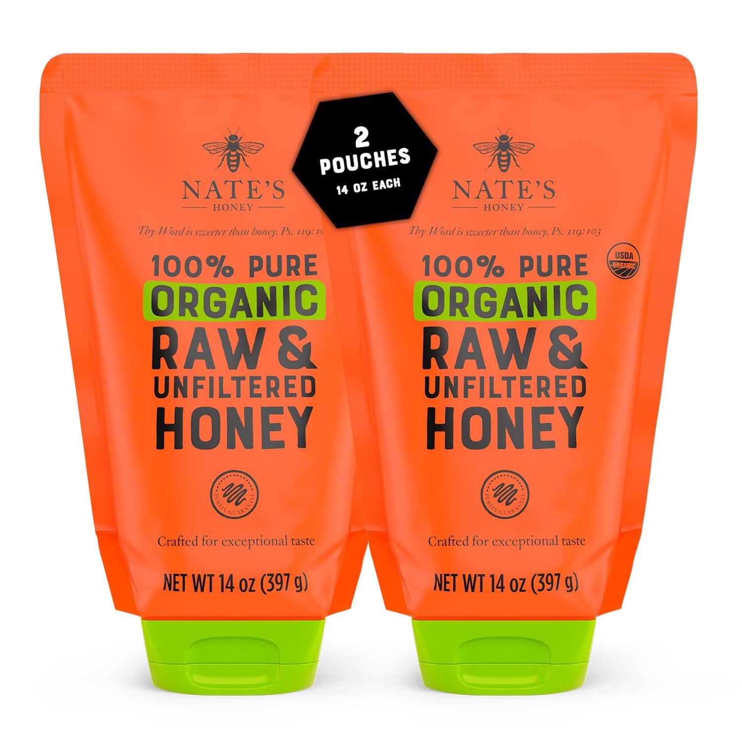 Organic Honey 100% Pure USDA Raw Unfiltered Two 14 oz No-Drip Sustainable
