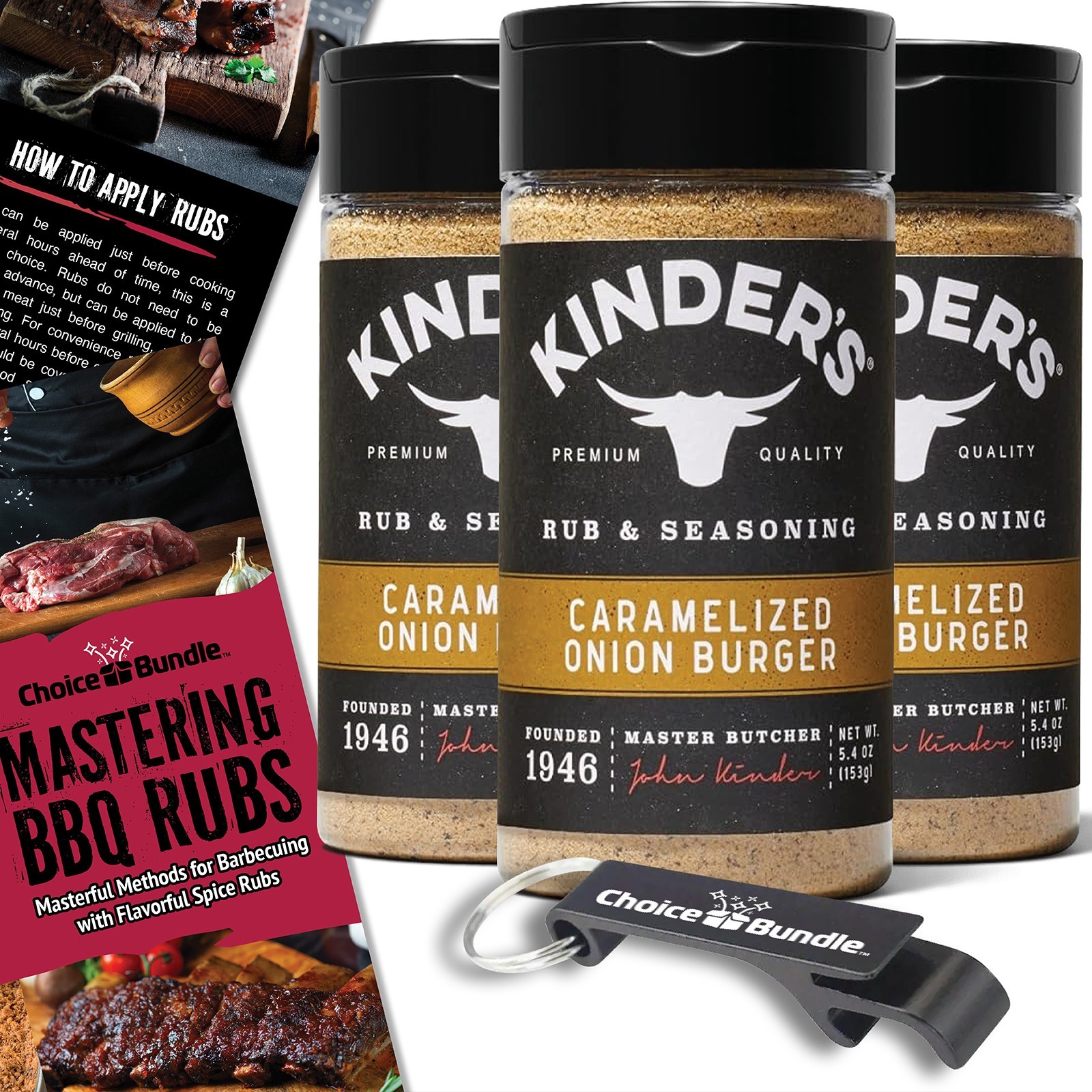 Kinder’s Caramelized Onion Burger BBQ Seasoning Rub 5.4 oz 3 PK + Guide & Opener