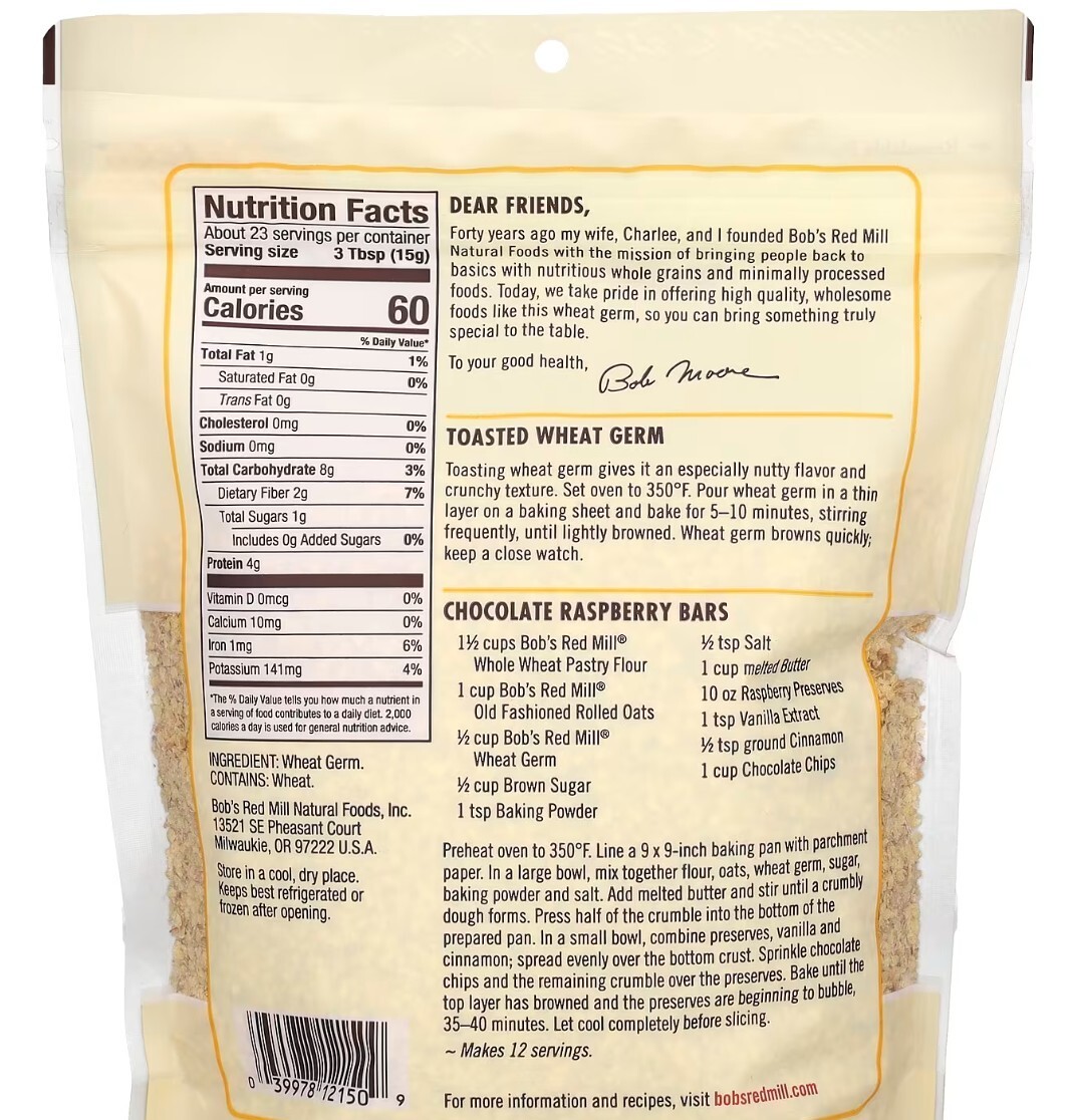 2 PACK – Bob’s Red Mill Wheat Germ 12 Oz each – NEW FRESH!