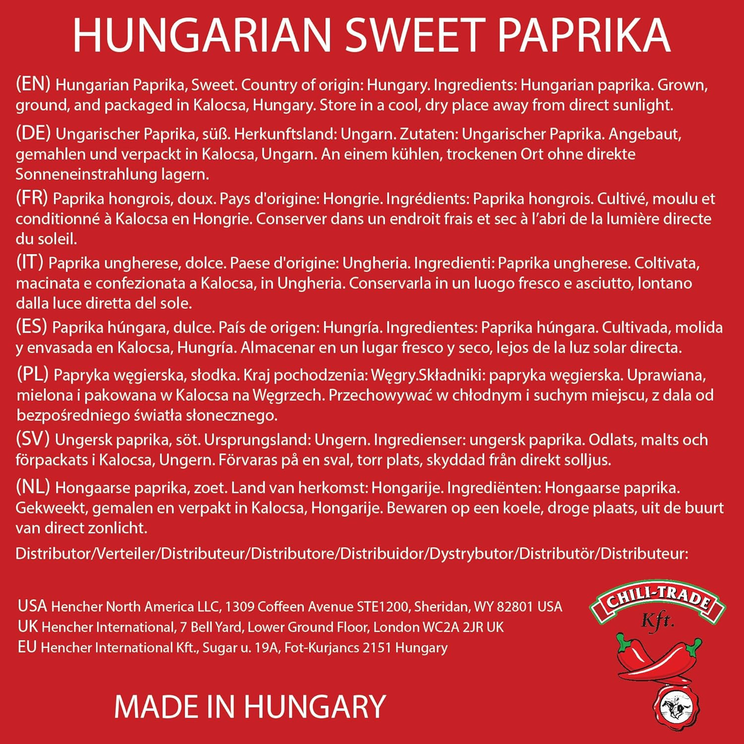 Hungarian SWEET Paprika from Kalocsa, Hungary (3.5 Ounce (100G))