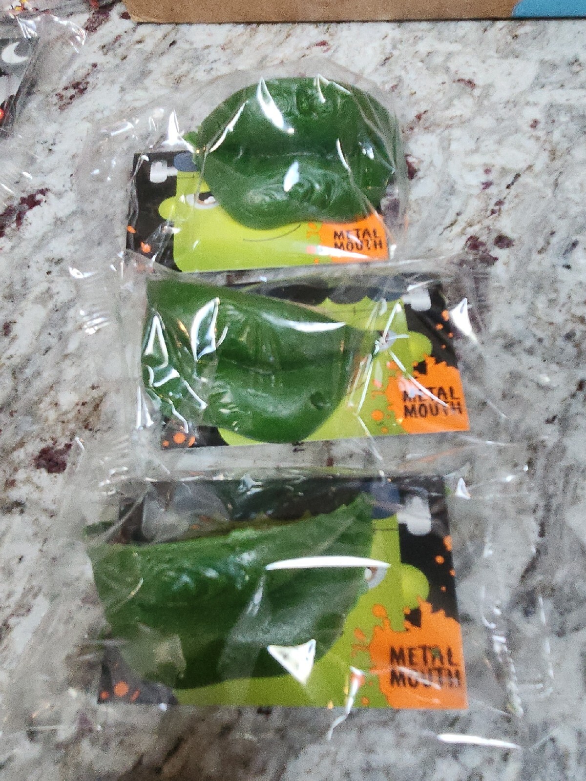 3 PACK WACK-O-WAX Lips, APPLE flavor METAL MOUTH GREEN, Halloween Candy