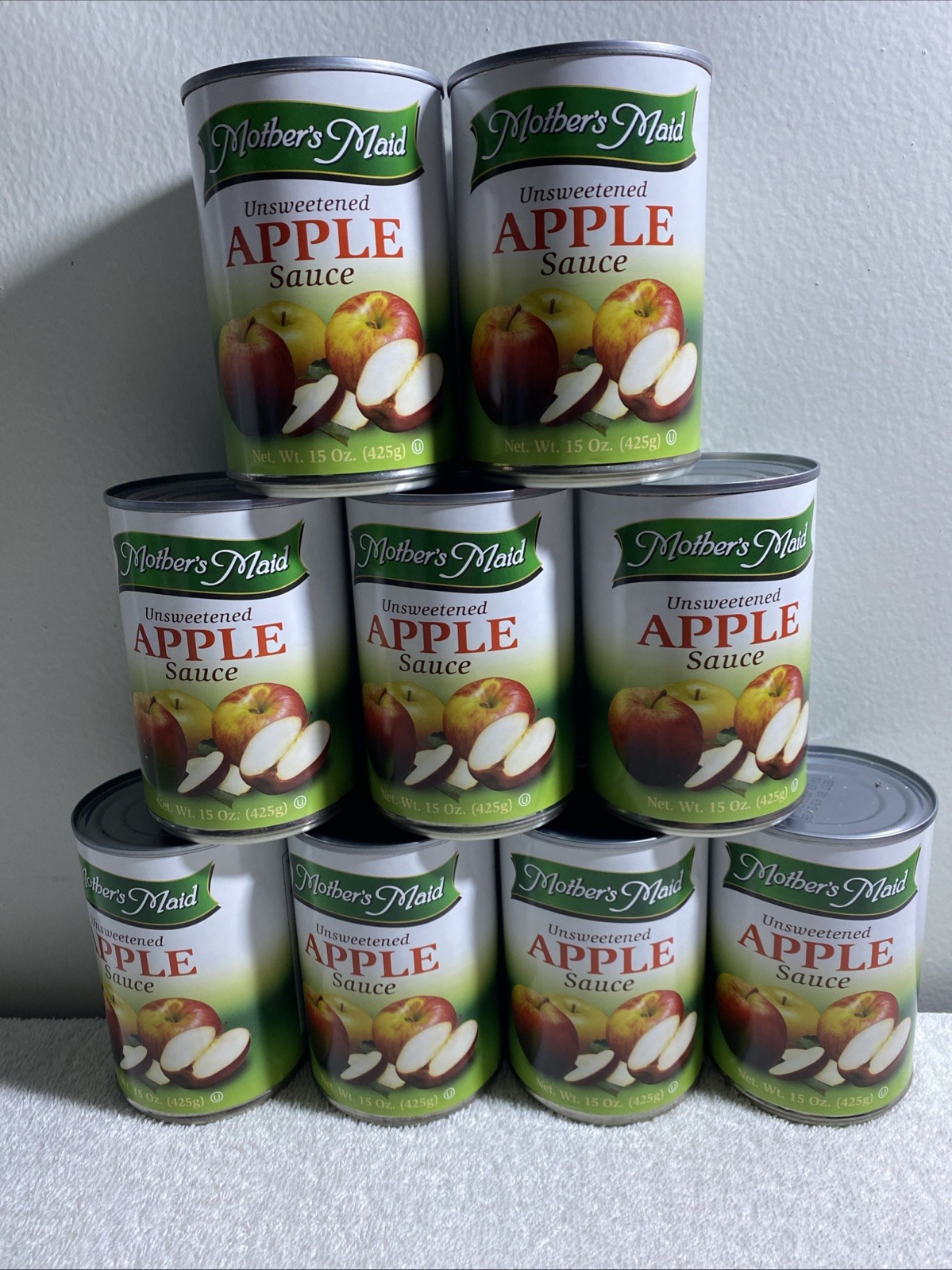 Lot of 9 Canned Unsweetened Apple Sauce, Mothers Maid, 15 oz each, (T819) 03/28