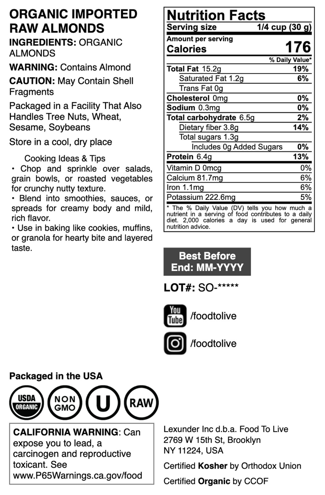Organic Italian Raw Almonds — Non-GMO, Kosher, Raw, Vegan — by Food to Live