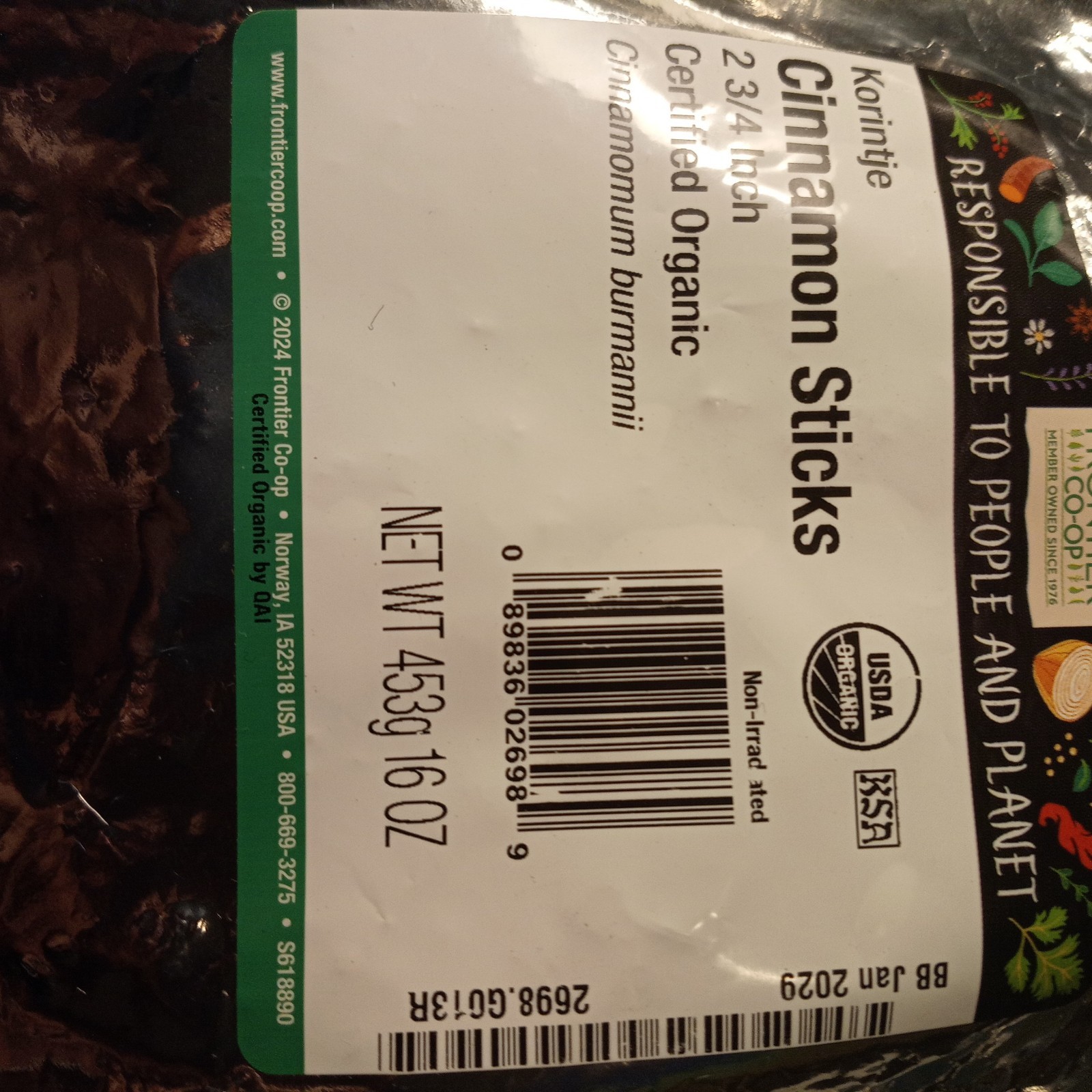 New Frontier Coop Organic Cinnamon Burmannii, 16 oz (453 g) 1 LB JAN 2029