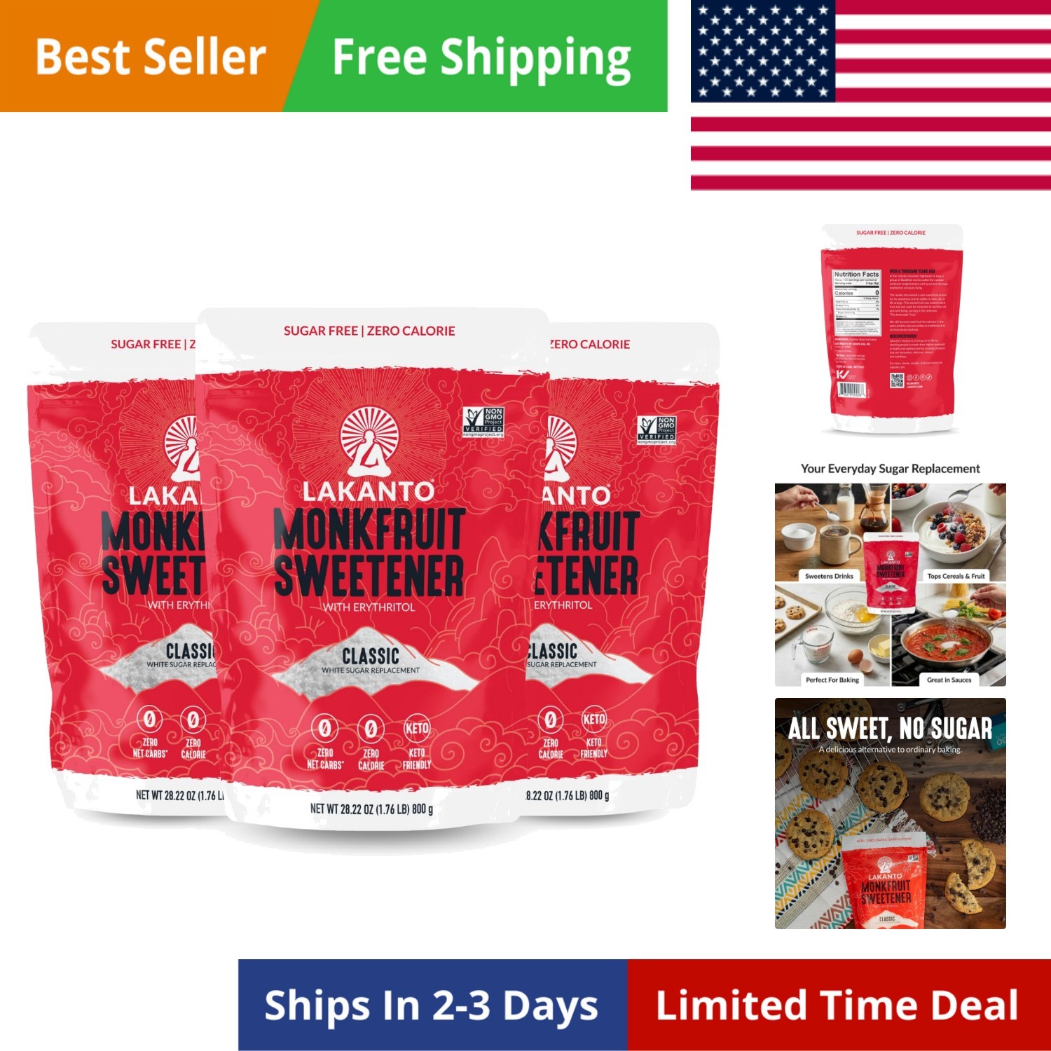 Classic Monk Fruit Sweetener with Erythritol – White Sugar Substitute, Zero C…