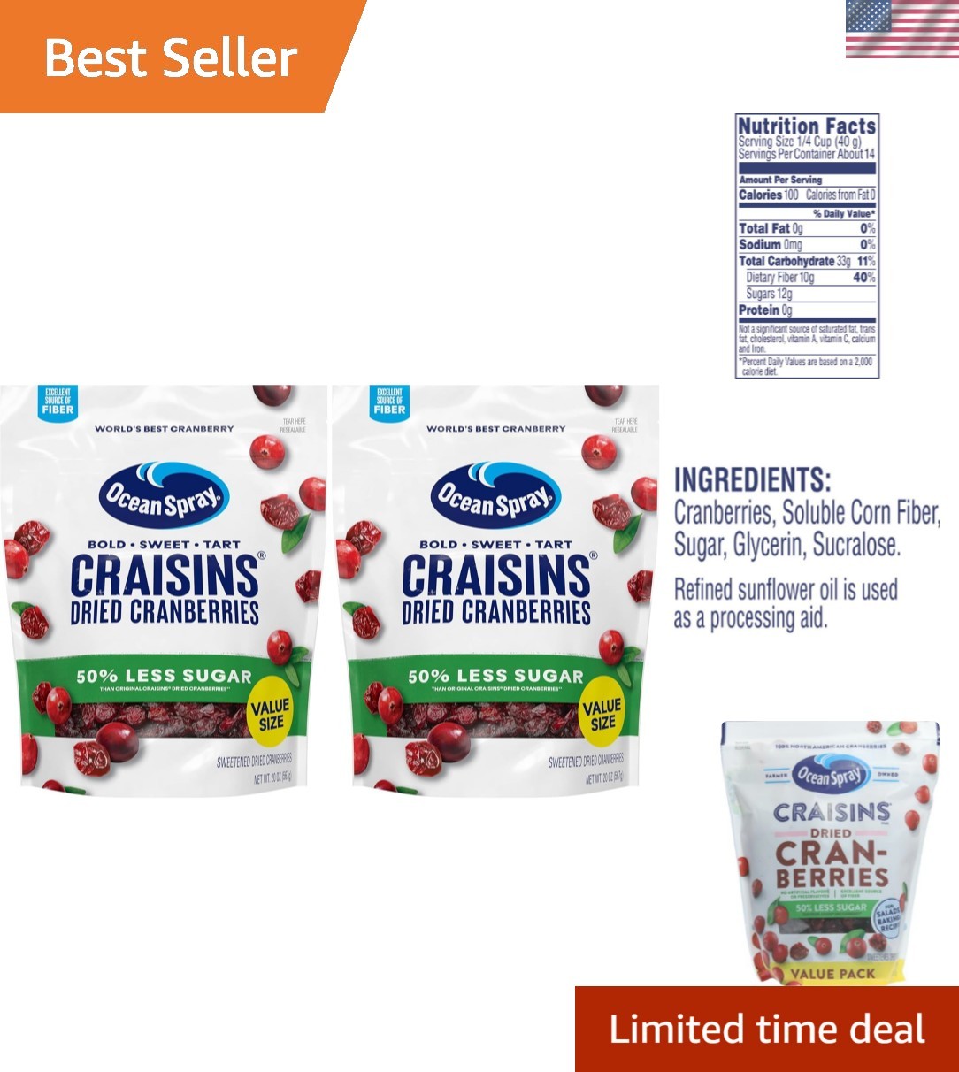 Delicious Reduced Sugar Craisins – Ideal for Snacks & Recipes – 2 Pack of 20 oz