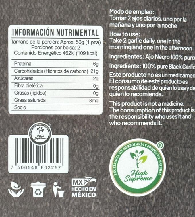HIGH SUPREME AJO Negro (Black Garlic) – 60 Cloves – 100% Natural Dietary Supple