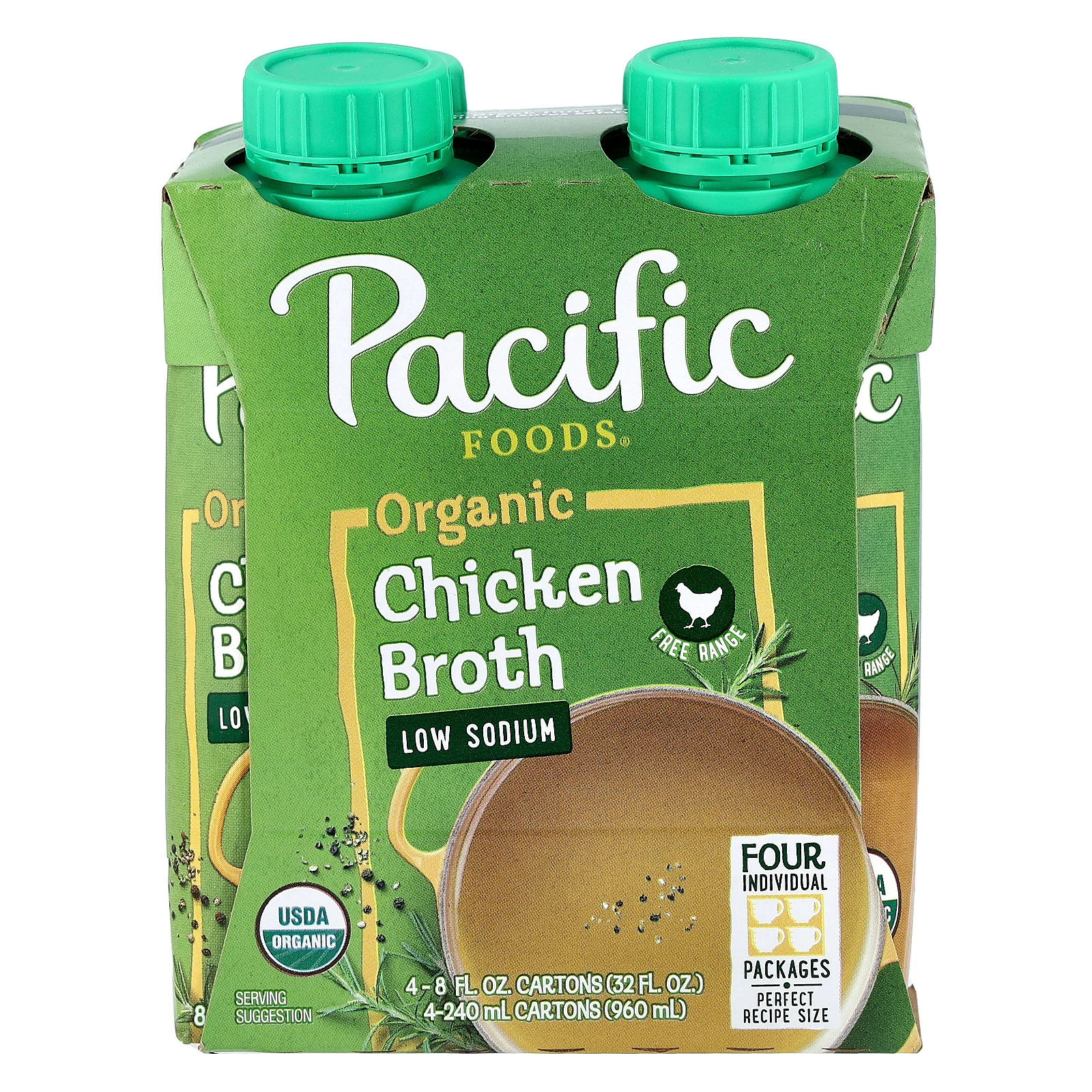 Organic Free Range Chicken Broth, Low Sodium, 4 Cartons, 8 fl oz (240 ml) Each