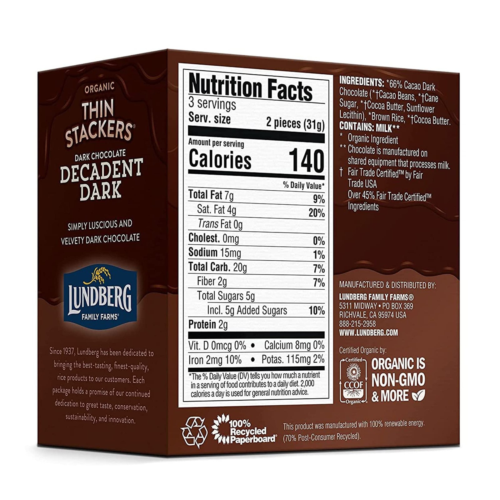 Lundberg Organic Thin Stackers Dark Chocolate Rice Cakes Gluten Free 19.8Oz