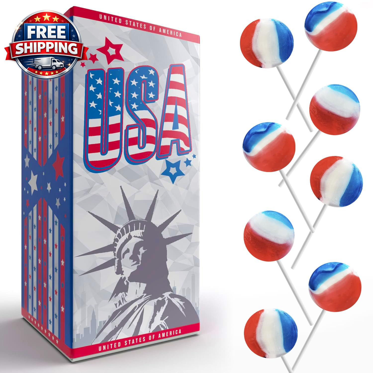 25-Count Patriotic USA Cherry Lollipops Hard Candy Suckers July 4Th, Independenc