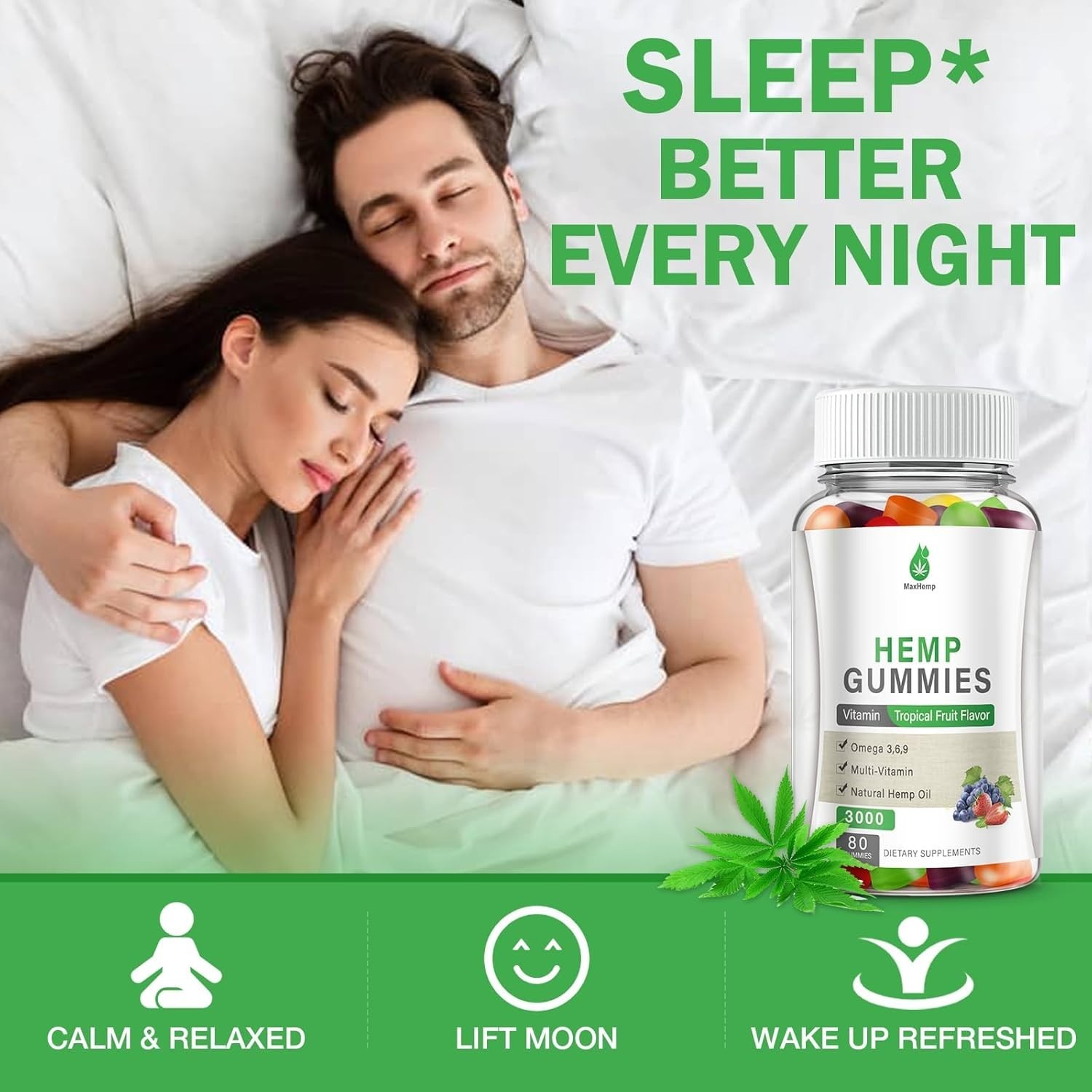Hemp Gummies High Potency for Pain, Sleep, Anxiety – 2 Packs Hemp Gummy 100% Nat