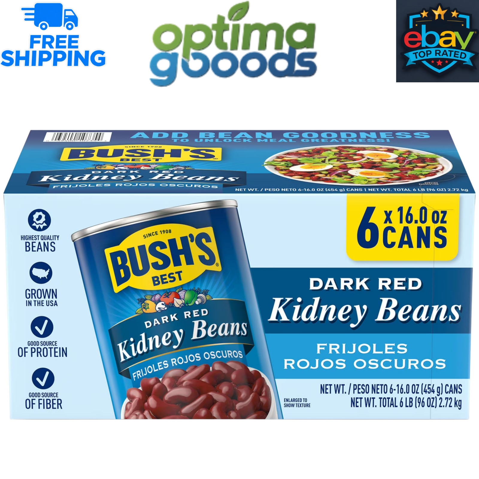 Bush’s Dark Red Kidney Beans – 16 oz Cans, 6 Pack
