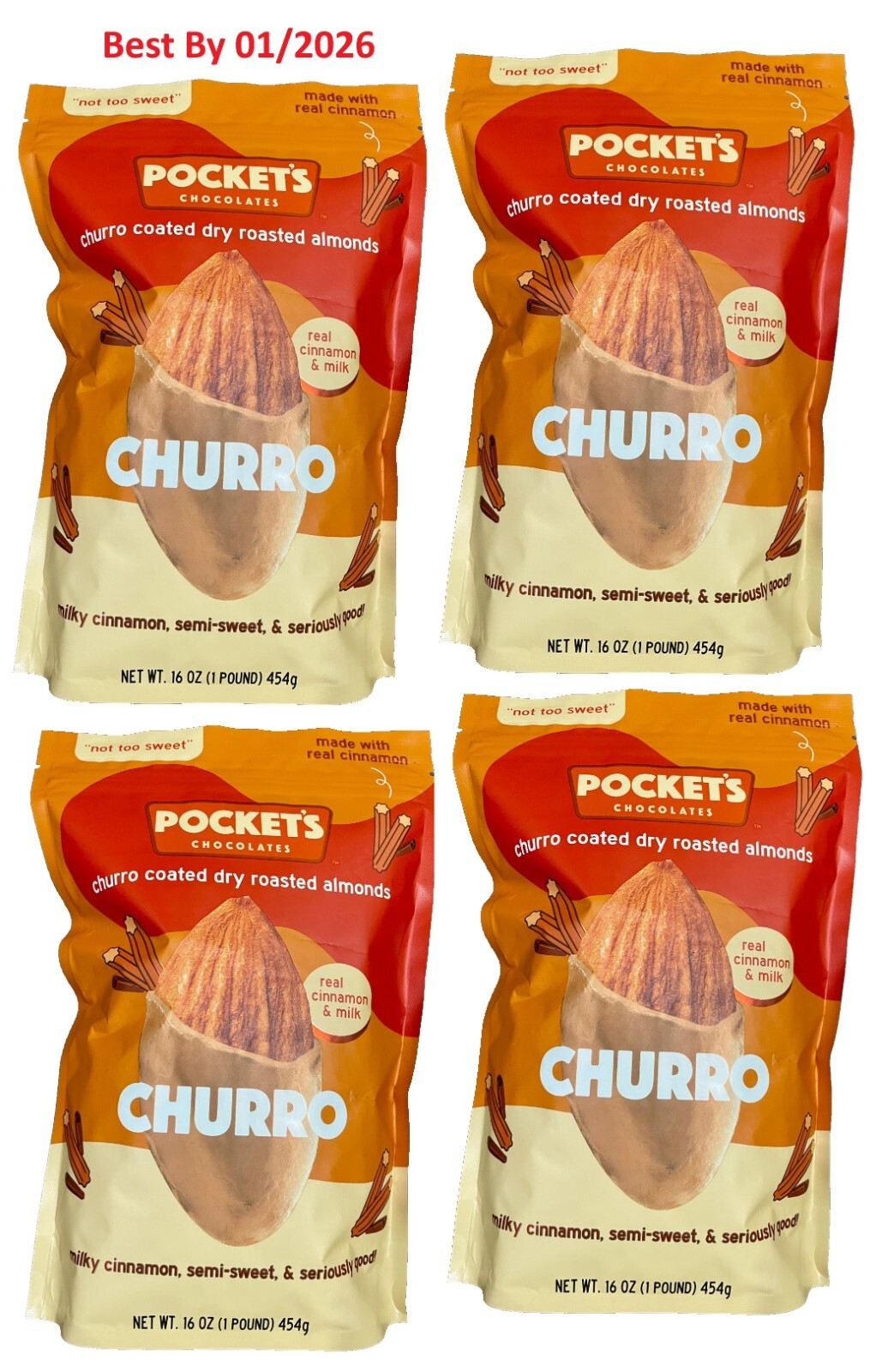4-PACK Pocket Chocolate Churro Coated Crunchy Roasted Almonds 16 Oz. each bag