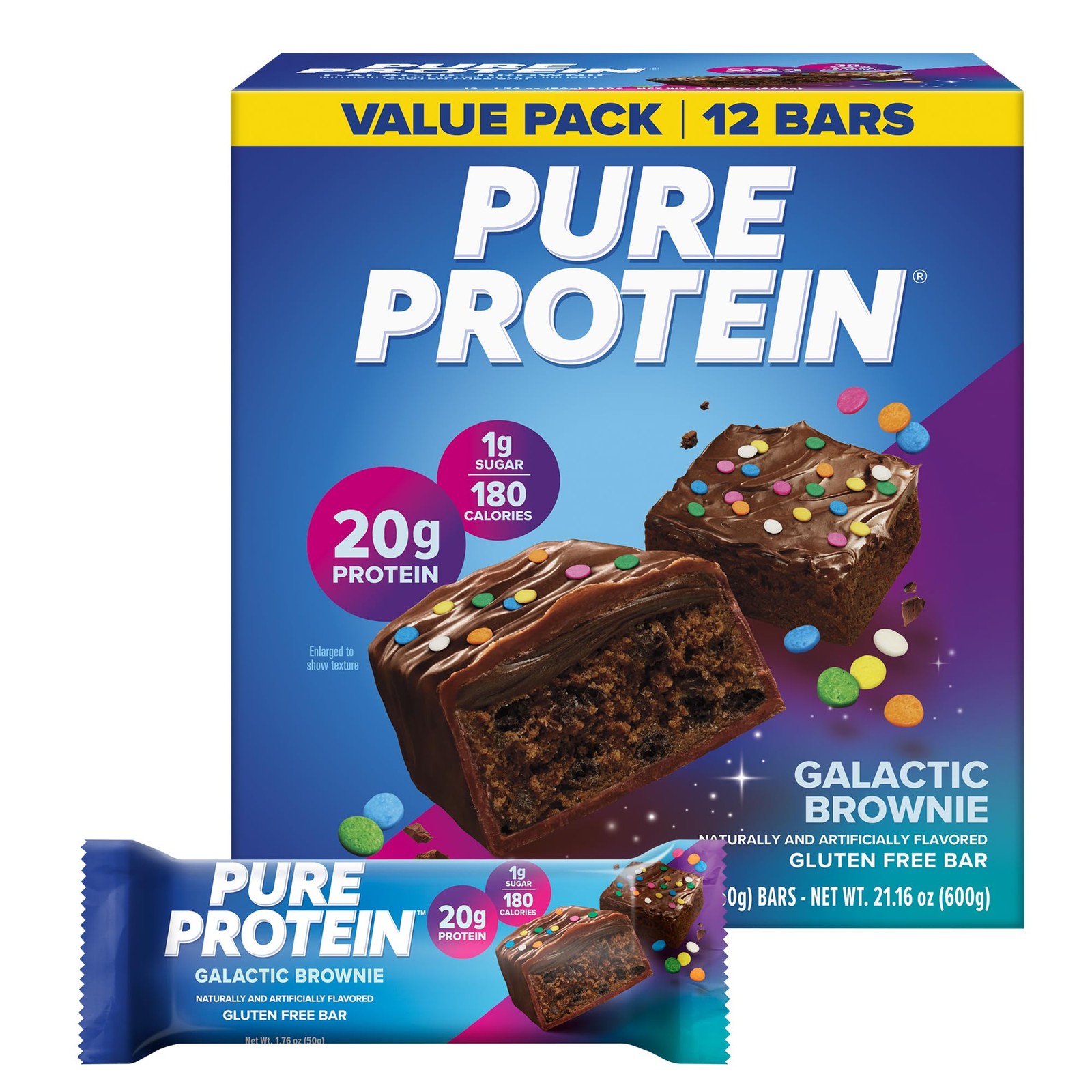 Pure Protein Galactic Brownie Bars – 20g 12 Count (Pack of 1), brown