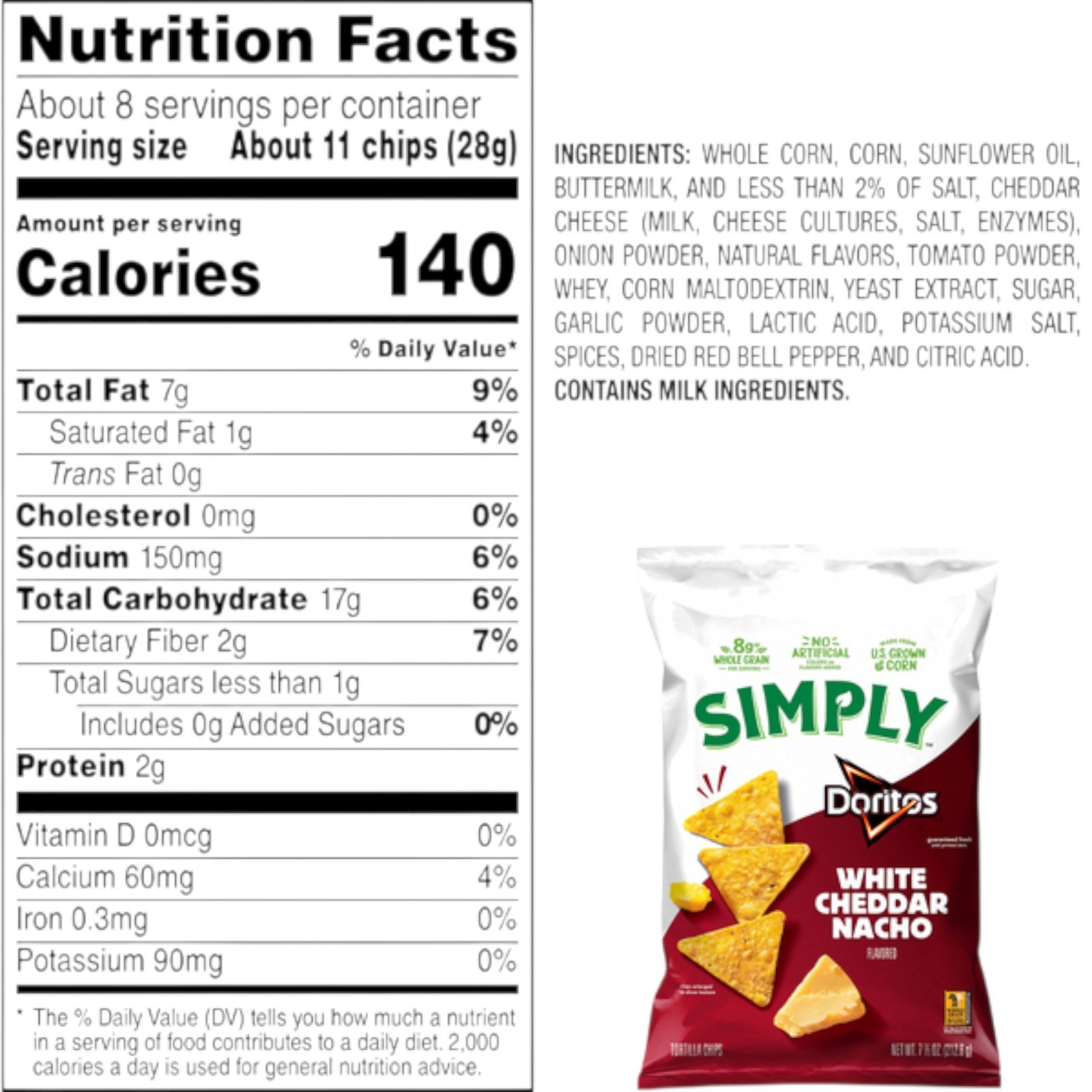 (3 Pack) Doritos Simply White Cheddar Nacho® Flavored Tortilla Chips 7oz Bag