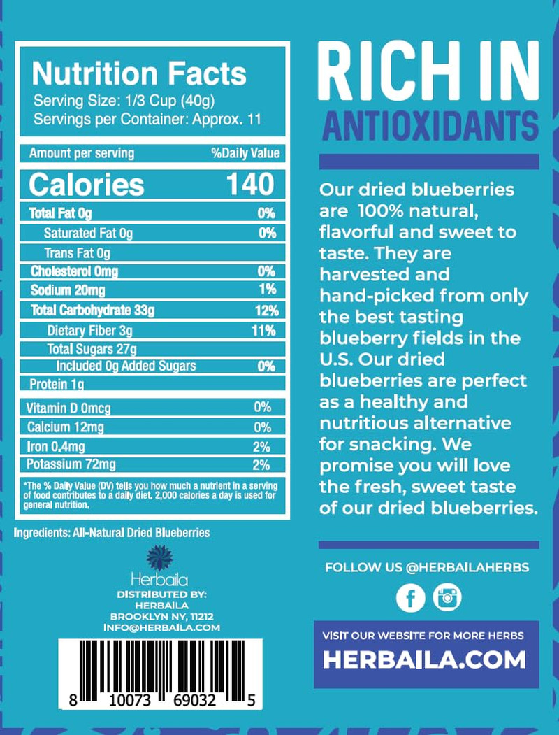 Whole Dried Blueberries, No Sugar Added, Bulk, Dehydrated, Dried Unsweetened Blu