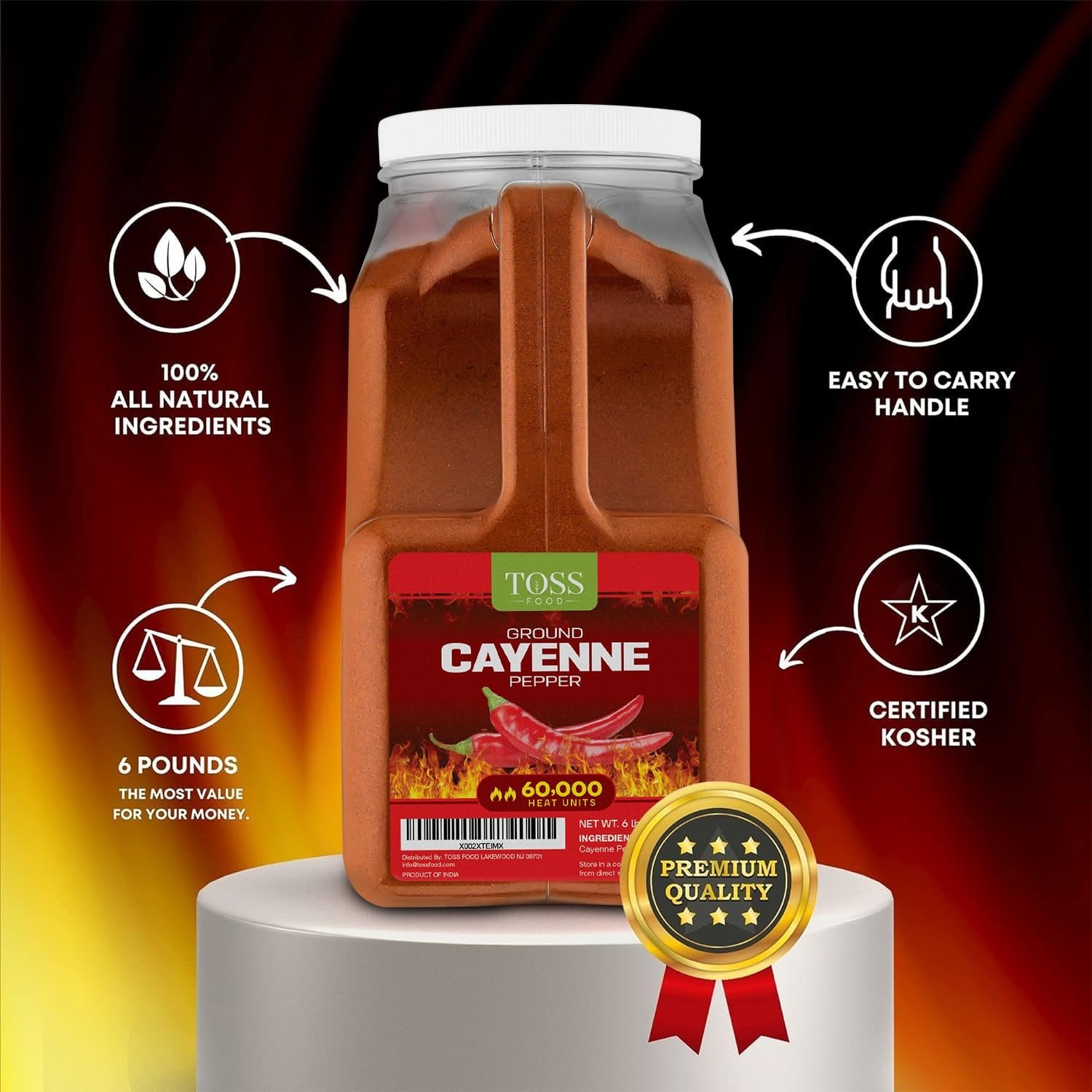 6lb Ground Cayenne Pepper Powder, 60,000 SHU, Certified Kosher