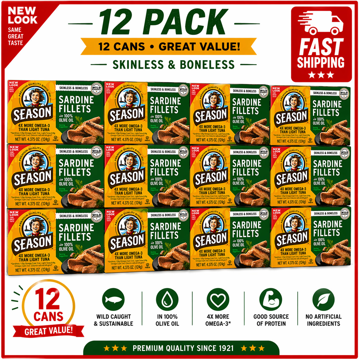 2 PACK Season Sardine Fillets in Olive Oil Wild Caught 4.375Oz x 12 TOTAL CANS