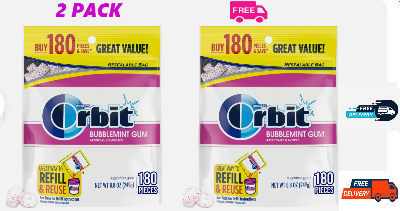 2 pack Orbit Bubblemint Sugar Free Chewing Gum, Value Pack – 180 Ct each bag