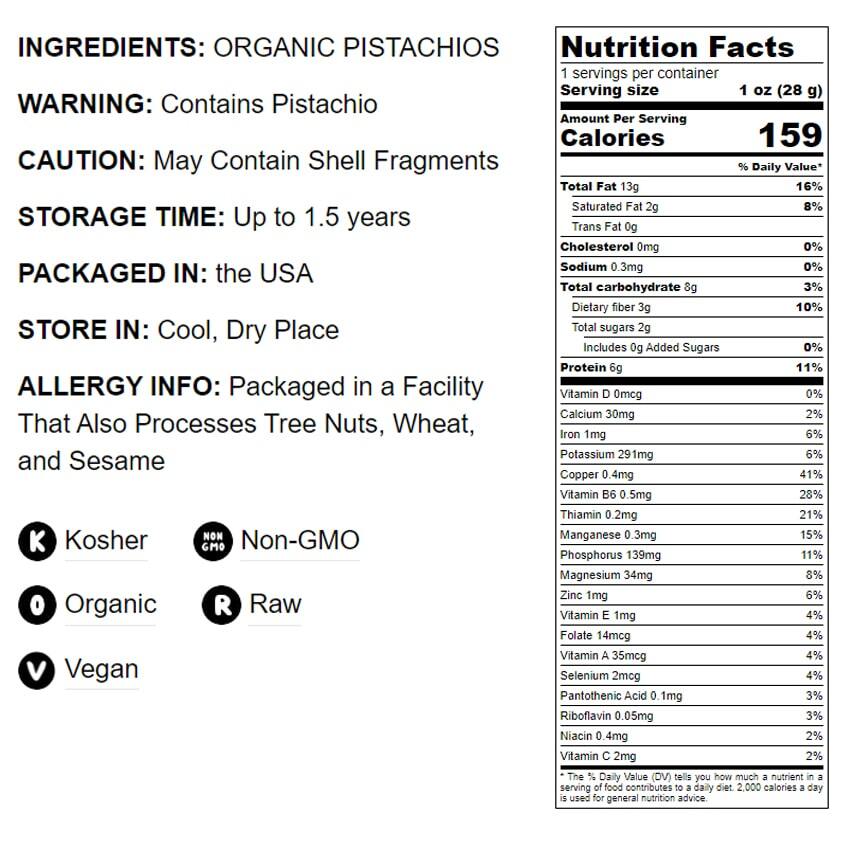 Organic Raw Pistachios, No Shell – Non-GMO Unsalted and Unroasted Kernels,Kosher