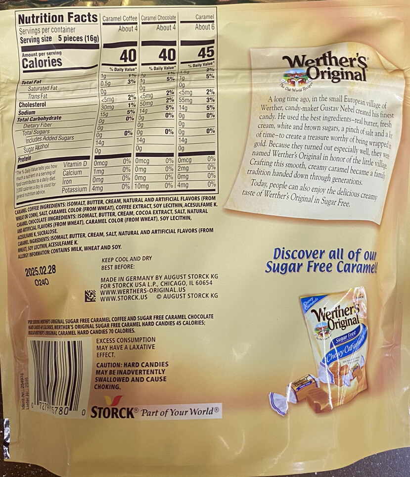 Werther’s Original SUGAR FREE Assorted CARAMEL COFFEE CHOCOLATE HARD Candy 7.7oz