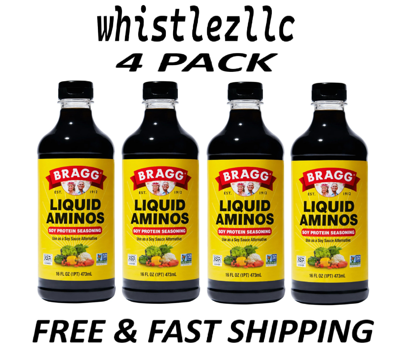Bragg Gluten-Free Liquid Aminos Soy Protein Seasoning, 16 fl oz each–4 PACK