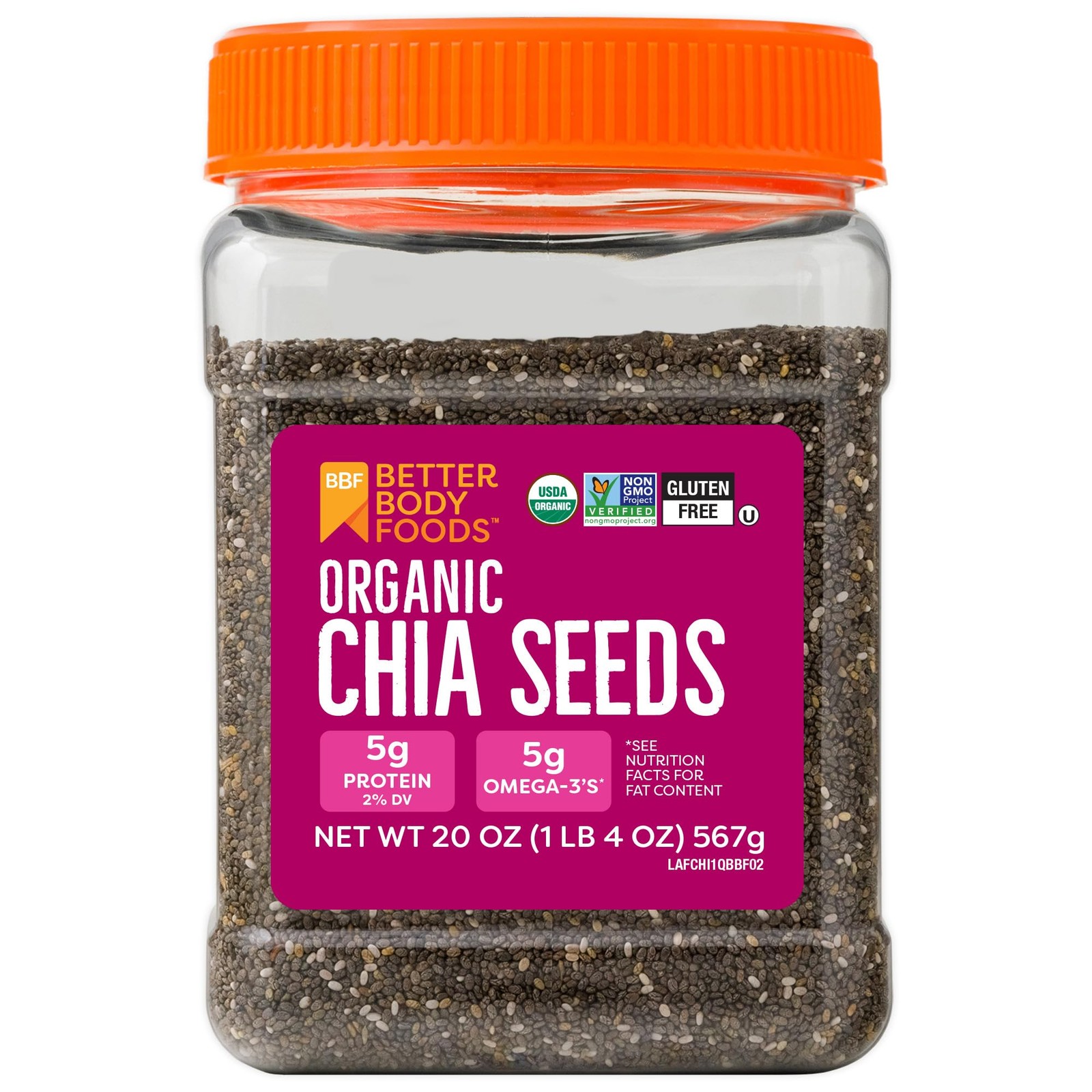 BetterBody Foods Organic Chia Seeds Omega 3 Keto 1.25LB FROM USA