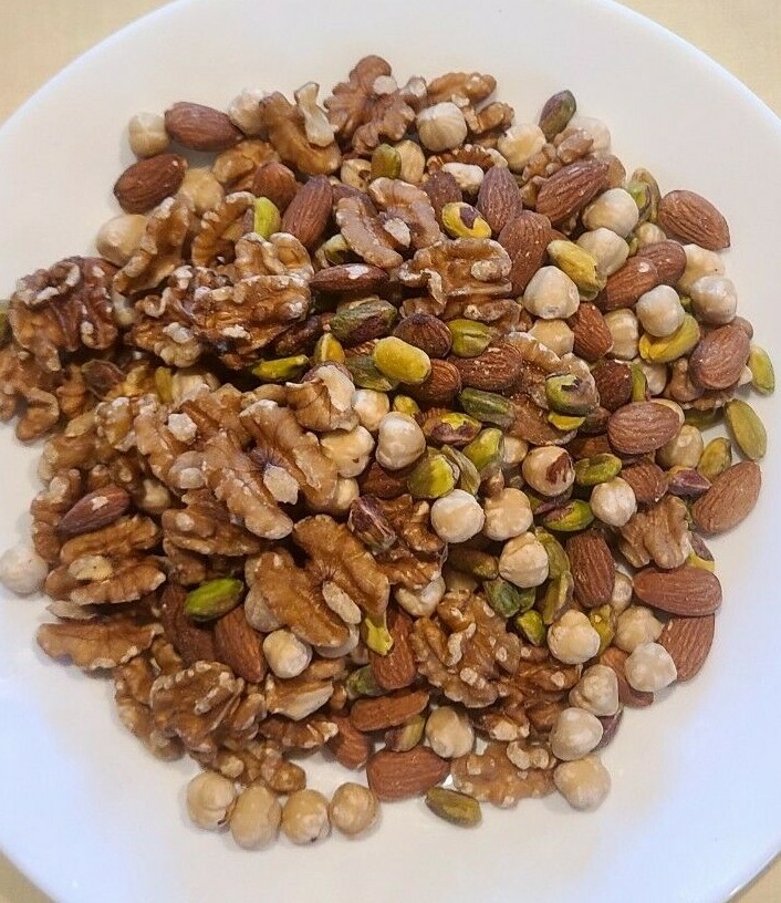 Mixed Nuts! Roasted Almonds, Hazelnuts, Pistachios, Walnuts – 1/4-lb package