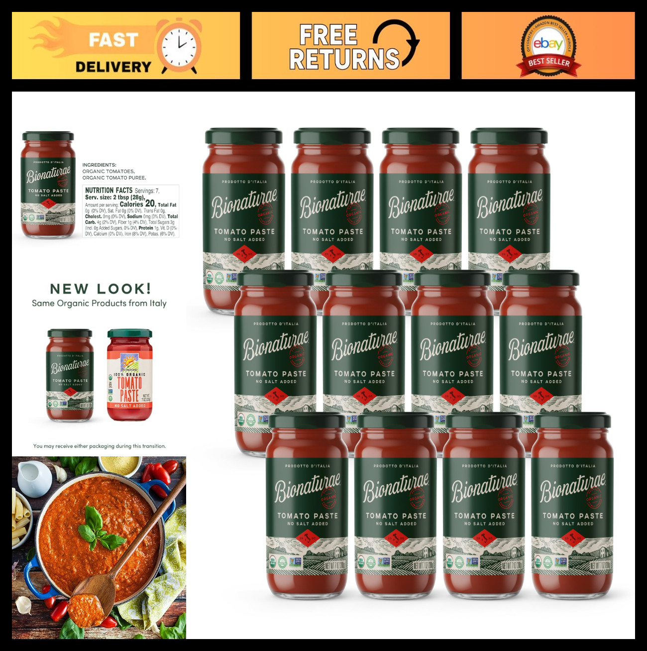 Organic Tomato Paste – No Salt, Keto Friendly, Non-GMO, USDA Organic, 7 Oz, 12 P