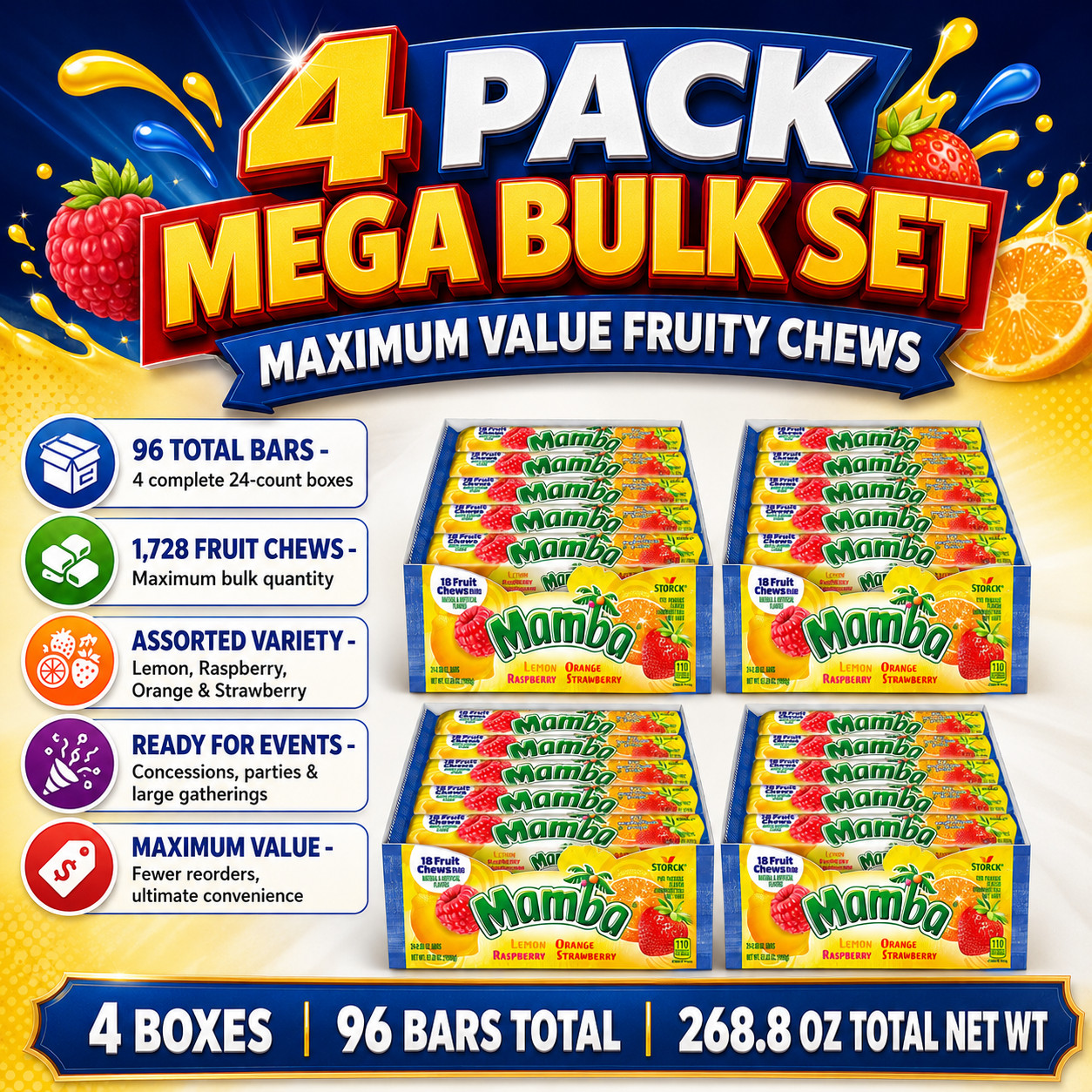 4 Pack Mamba Fruit Chews, 2.8 oz, 24-count