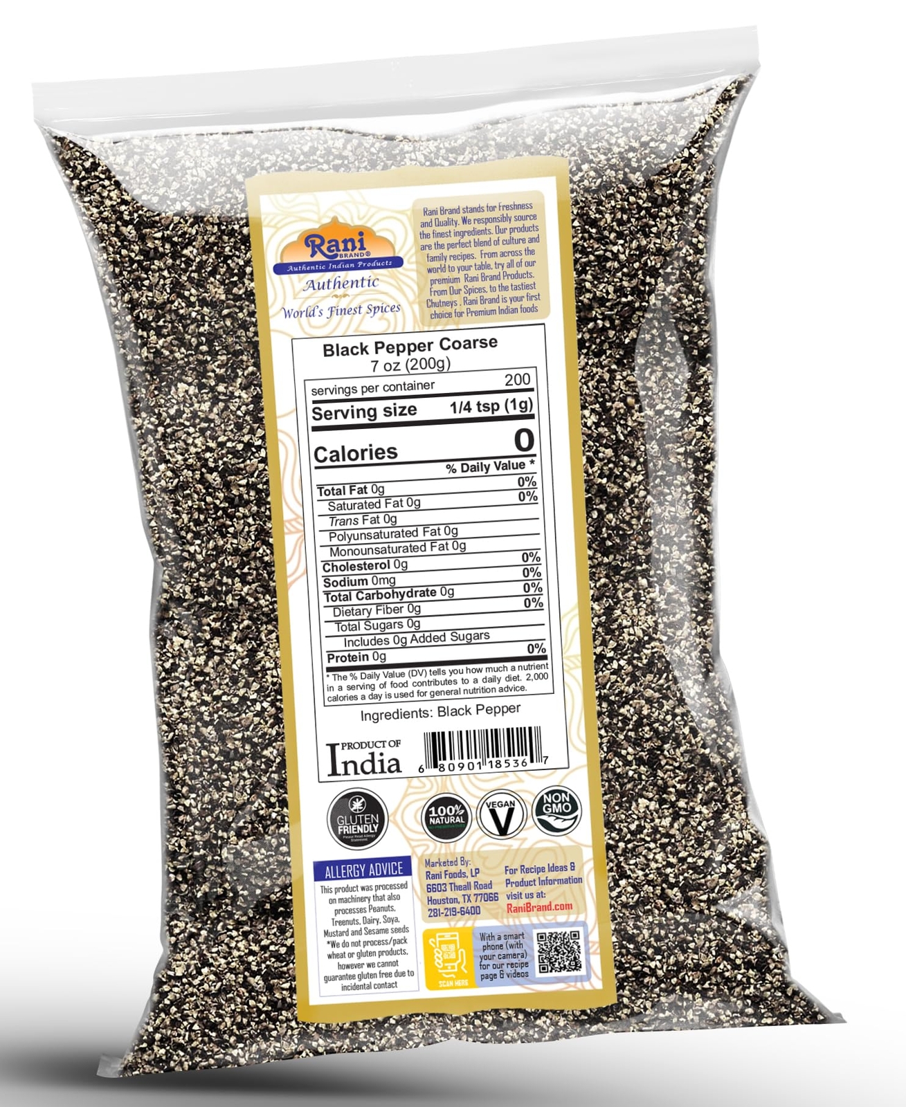 Rani Black Pepper Coarse Ground 28 Mesh (Table Grind), Premium Indian 7oz (200g)