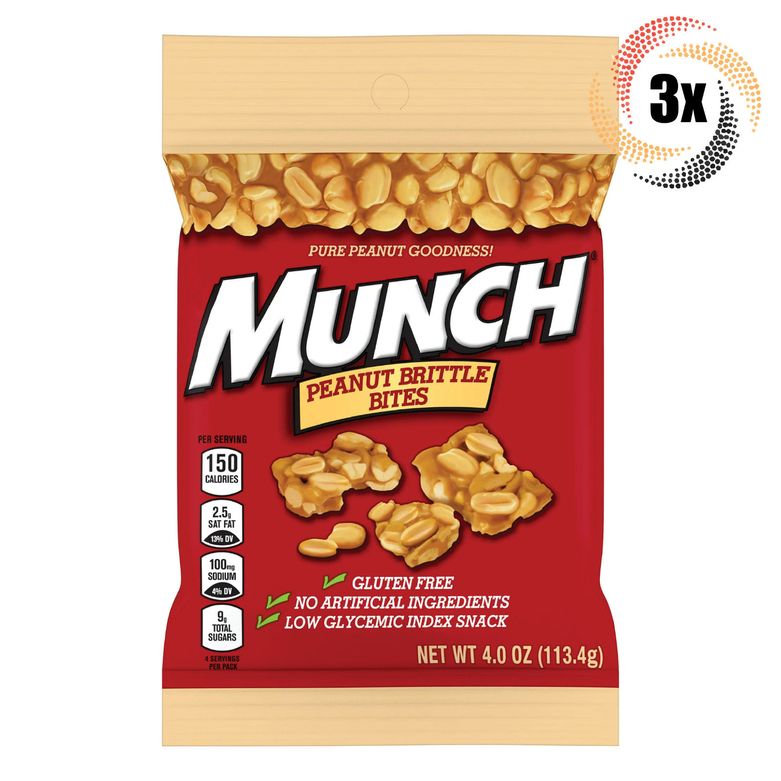 3x Bags Munch Peanut Brittle Bites Candy | Pure Tasty Peanut Goodness | 4oz