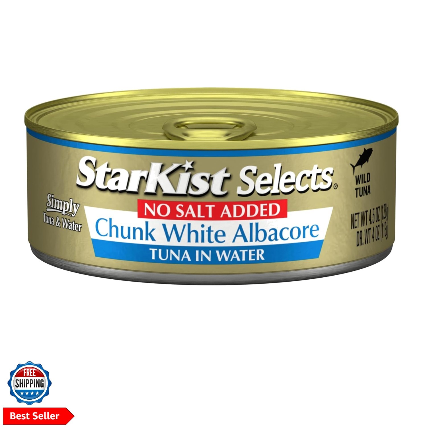 Selects No Salt Added Chunk White Albacore Tuna in Water – 4.5 oz Can Pack of 5