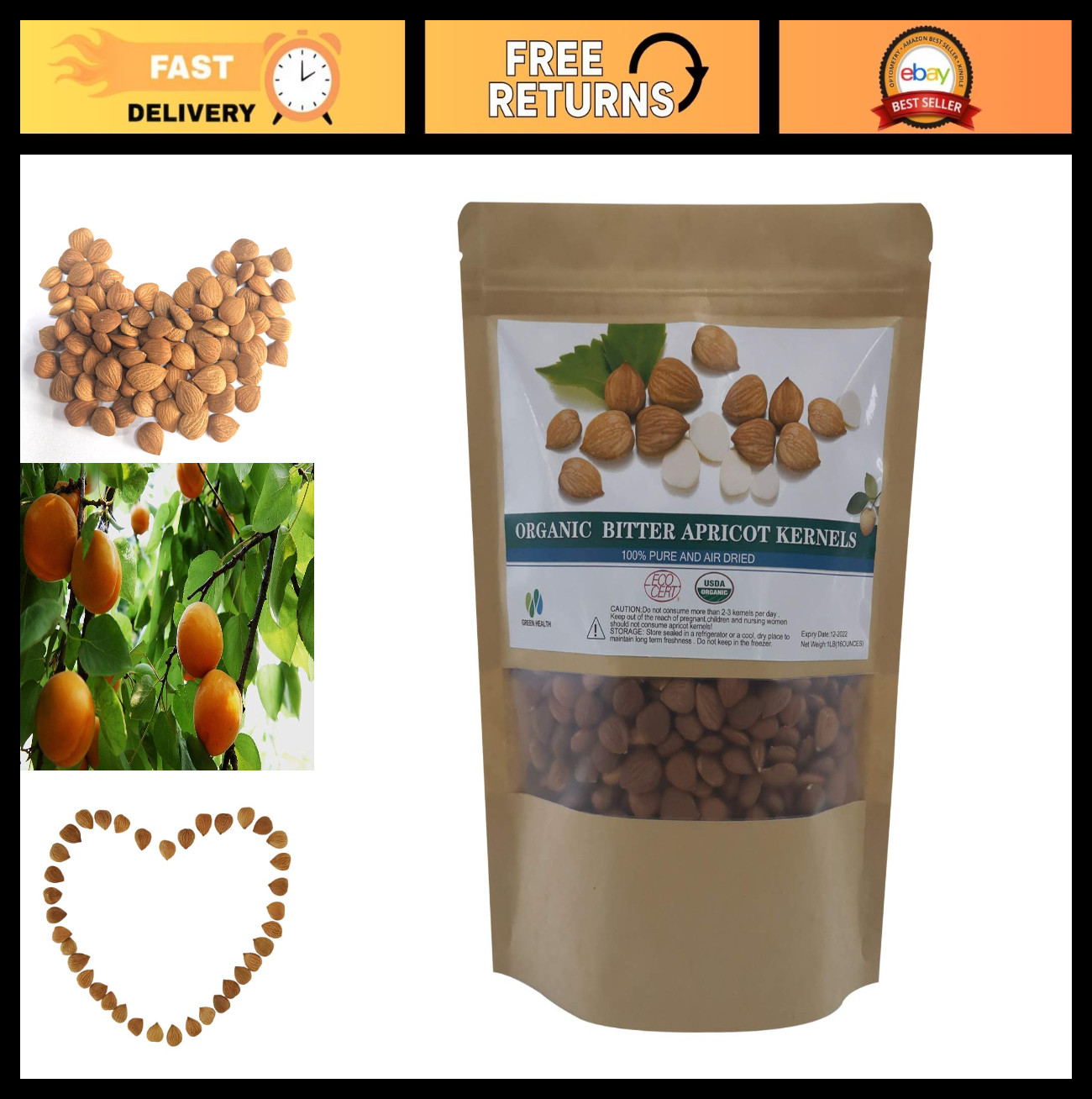 Organic Bitter Apricot Kernels 16oz – Raw, USDA Certified, Healthy Snack Seeds