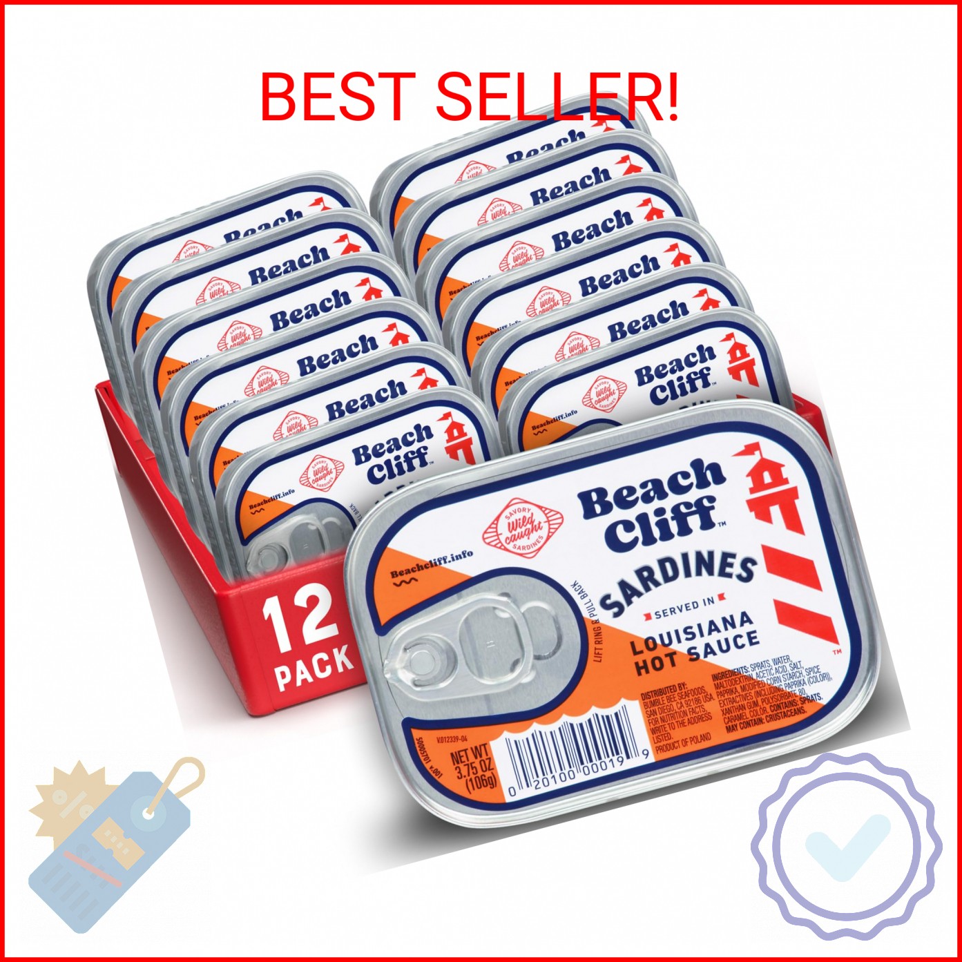 Beach Cliff Wild Caught Sardines in Louisiana Hot Sauce, 3.75 oz Can (Pack of 12