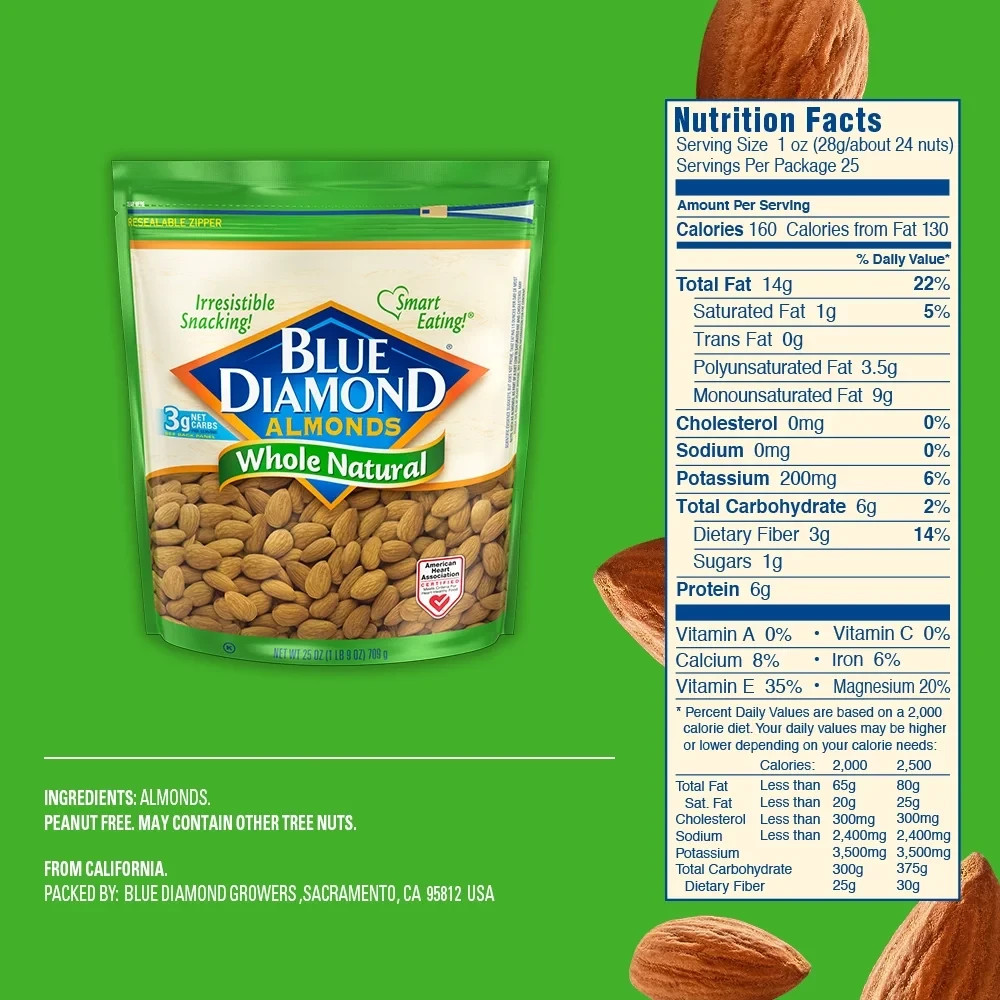Blue Diamond Whole, Raw, Natural Almonds, 25 Oz