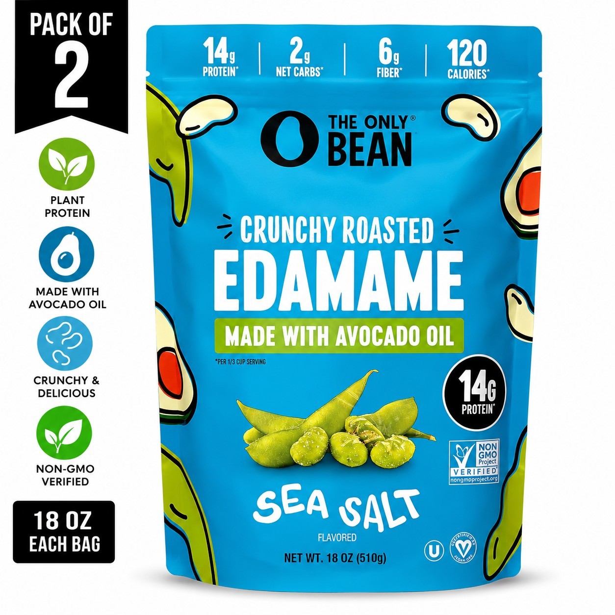2 The Only Bean Crunchy Roasted Edamame Made With Avocado Oil, Sea Salt 18 Ounce