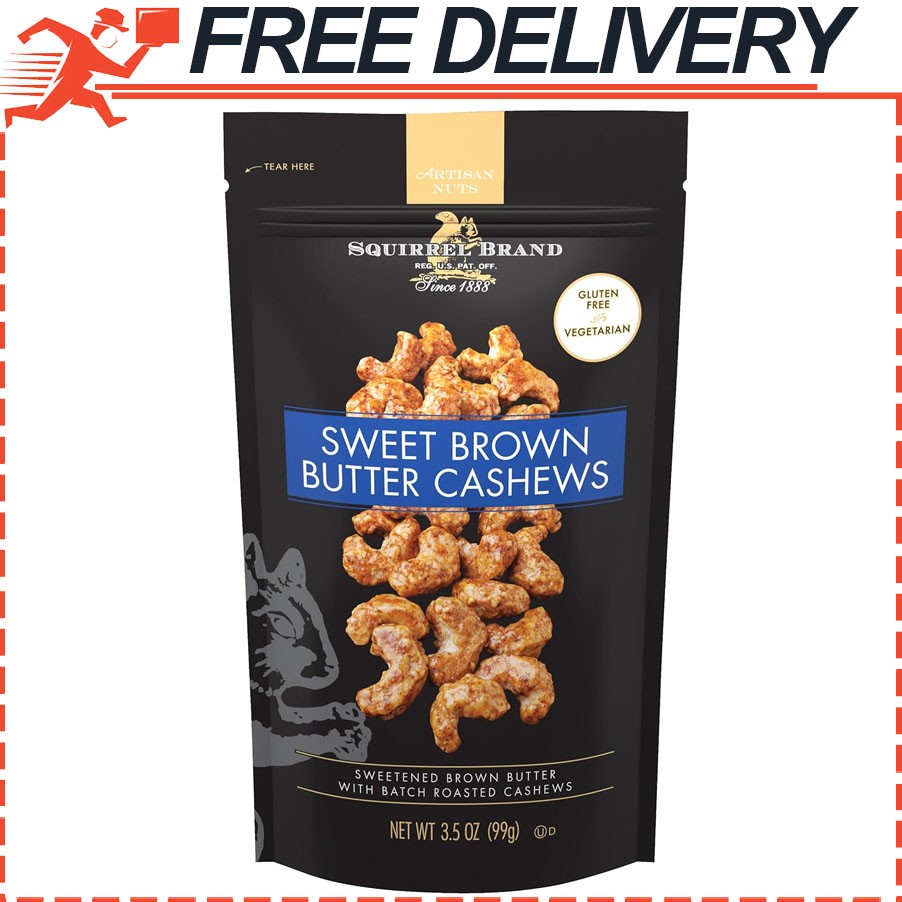 Squirrel Brand Sweet Brown Butter Cashews, 3.5oz Resealable Bag, Gluten Free