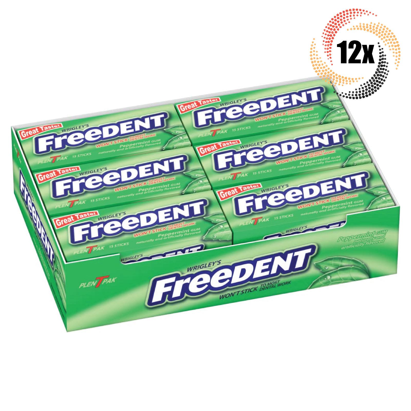 Full Box 12x Packs Wrigley’s Freedent Peppermint Flavor Gum | 15 Sticks Per Pack