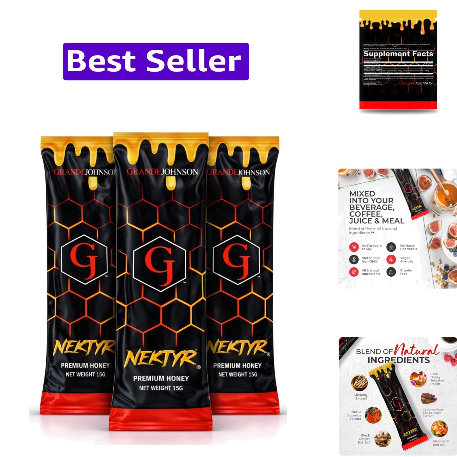 Nektyr – Organic Natural Pure Honey with Jelly Bee Pollen – 15g Pack of 3