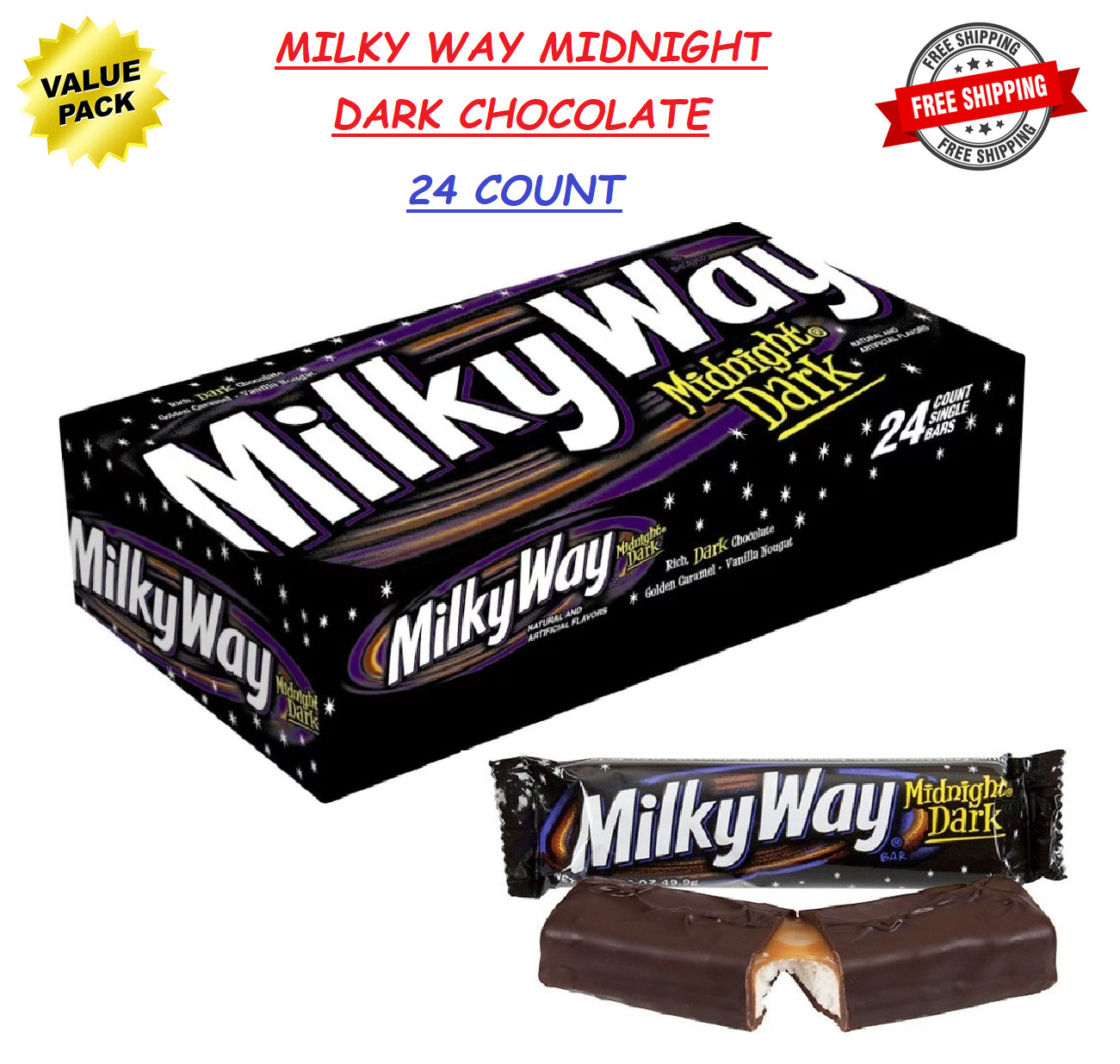MILKY WAY MIDNIGHT Dark Chocolate, Caramel Nougat Candy Bars 1.76Oz (24 Count)
