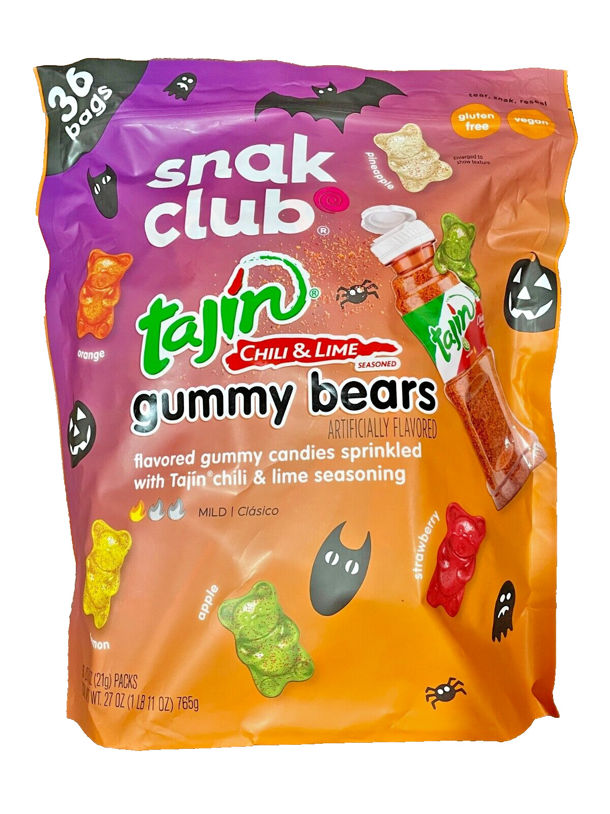 Snak Club TAJIN GUMMY BEARS 36-Bags Chili & Lime Mild Gummi Bears, BIG BAG 27 Oz