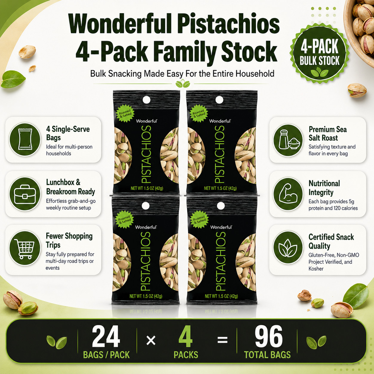 4 Pack Wonderful In-Shell Pistachio Nuts, 1.5 oz, 24-count